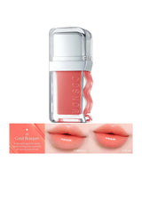 Lip gloss with coral color swatch and application on lips on a white background