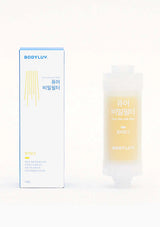 BODYLUV Pure Silk Hair Hair Building Fibers in a white box with blue and yellow accents next to a clear squeeze tube filled with pale yellow fibers, on a white background.