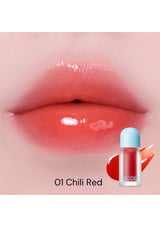 Lipstick with '01 Chili Red' shade on a close-up of lips, with a small bottle illustration.