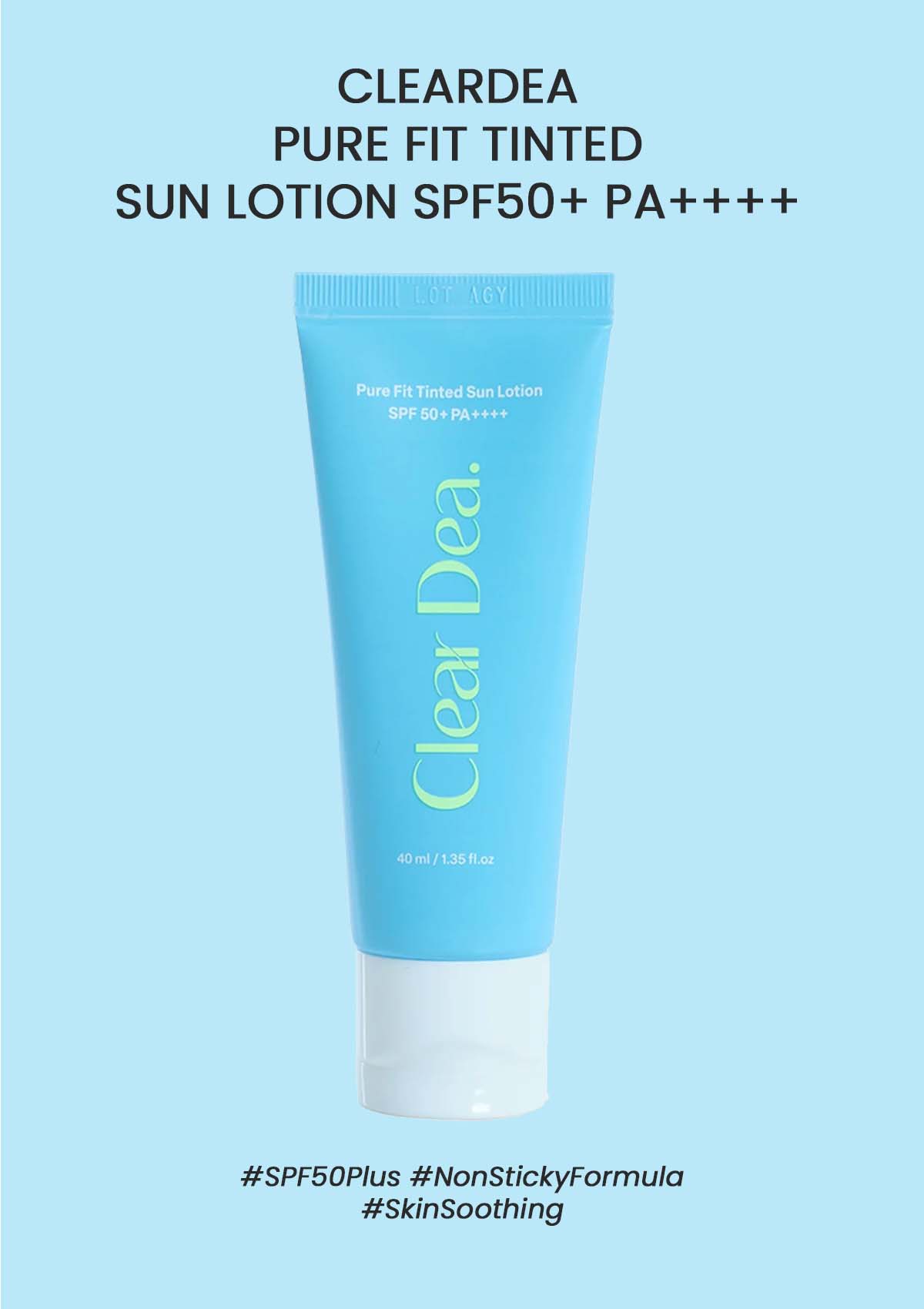 Clear Dea sun lotion tube on a light blue background