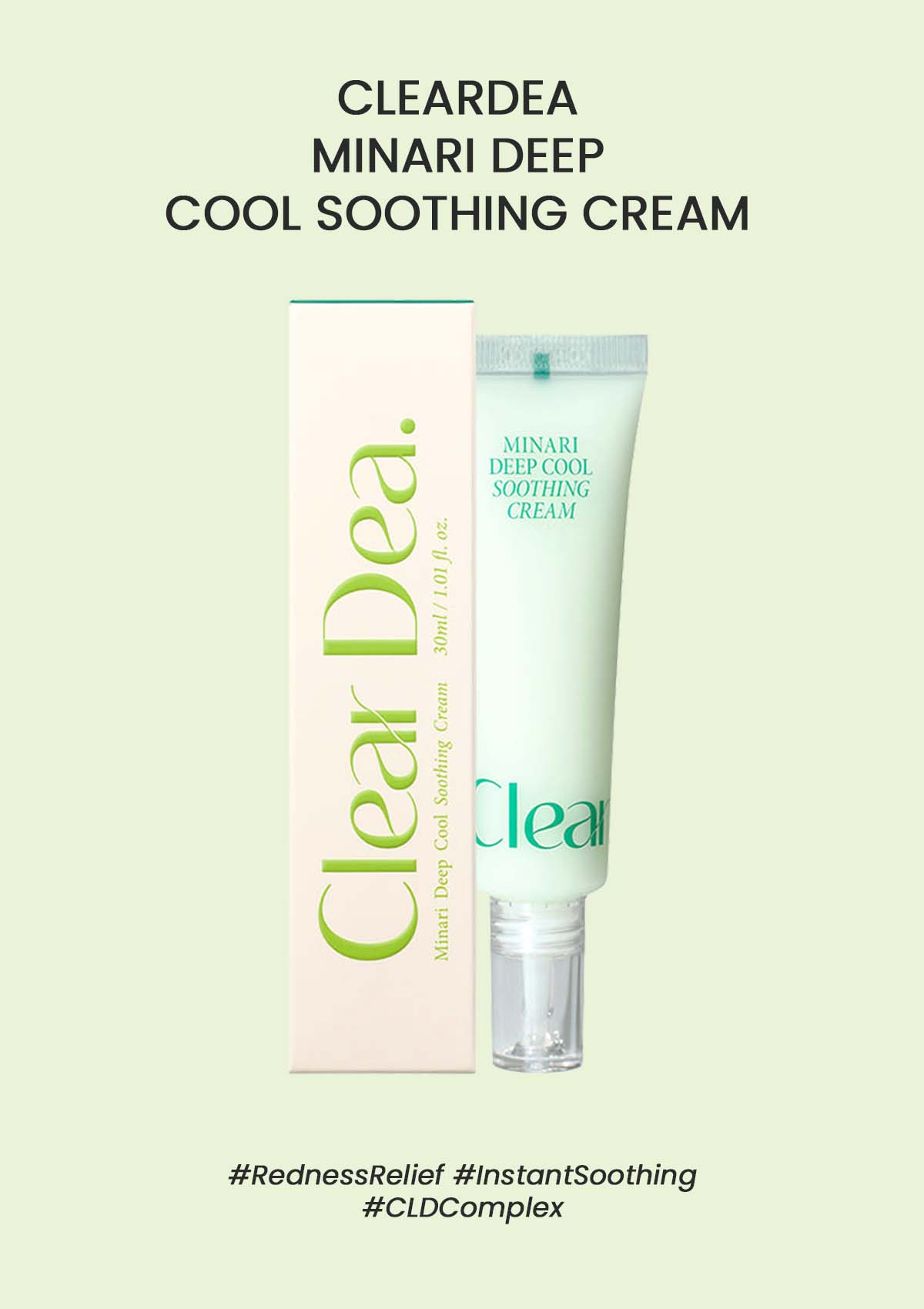 Clear Dea Minari Deep Cool Soothing Cream with packaging on a light green background