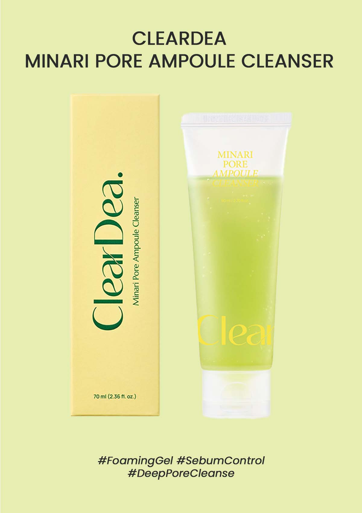 ClearDea Minari Pore Ampoule Cleanser with packaging on a light green background