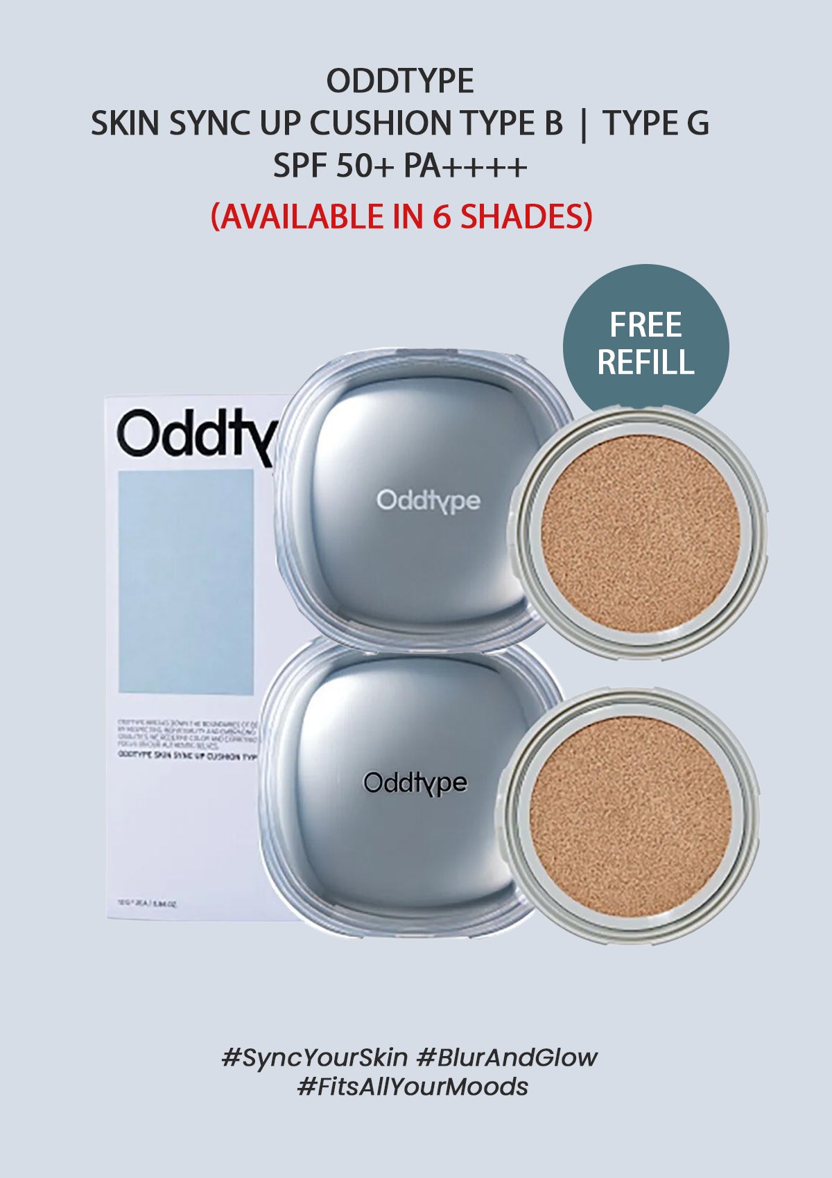 Oddtype Skin Sync Up Cushion Type B with two shades on a light gray background