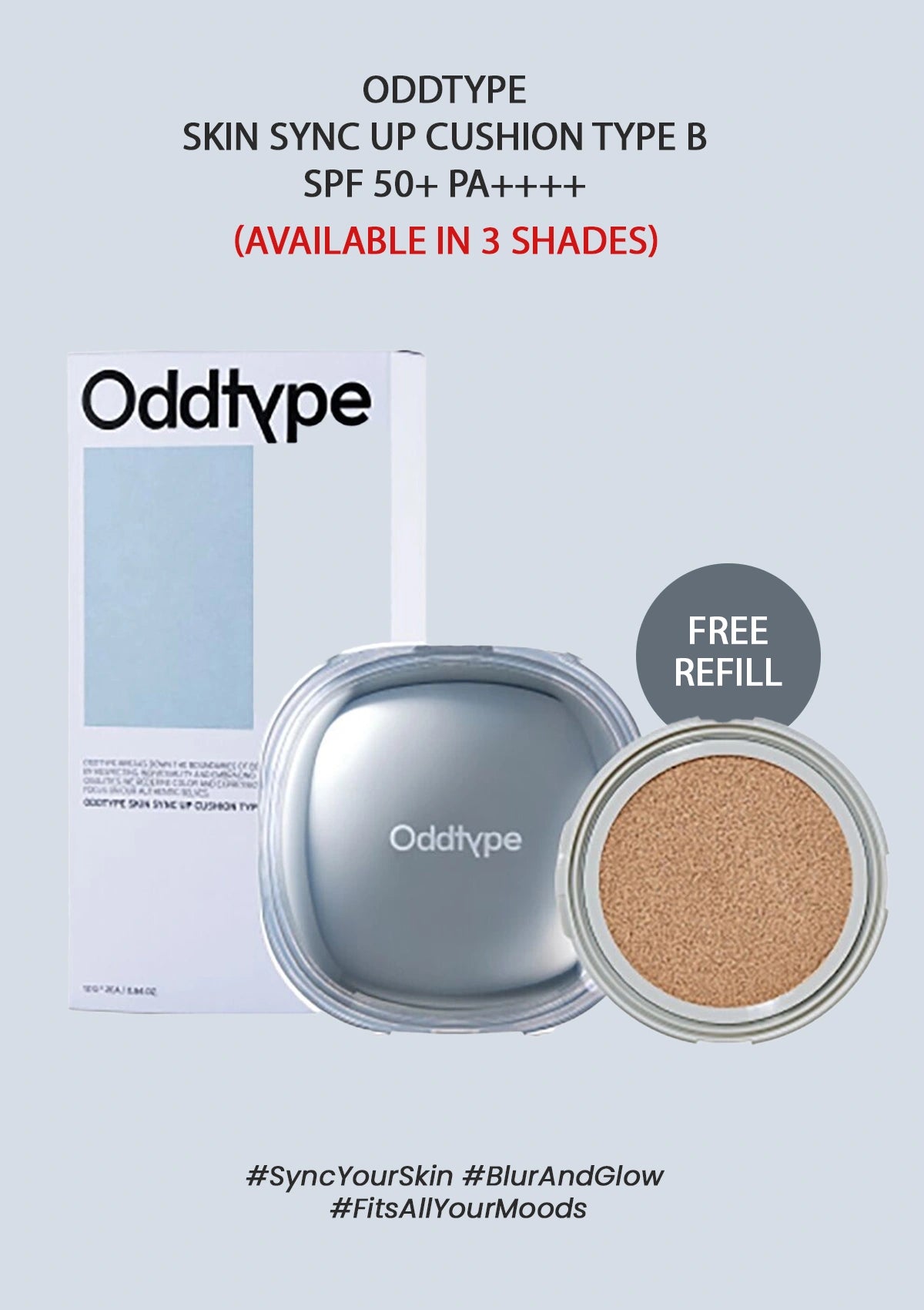 Oddtype skin sync up cushion type B with packaging and refill on a light gray background