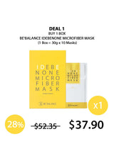 Advertisement for BE'Balance Idebenone Microfiber Mask with pricing and deal information.