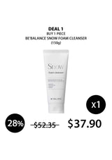 Show BE BALANCE SNOW FOAM CLEANSER tube with promotional text on a white background