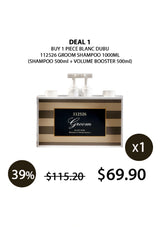 Groom shampoo packaging with promotional text on a white background