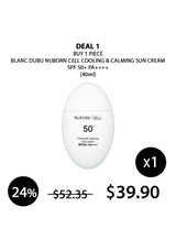 Promotional graphic for Blanc Dubu Nuborn Cell cooling and calming sun cream with pricing and discount information.