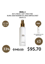 Promotional graphic for Blanc Dubé Néborn Cell Milk Ampoule Mist with pricing and deal details.