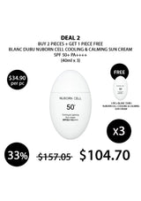 Promotional graphic for Blanc Dubu Nuborn Cell Cooling & Calming Sun Cream with pricing and deal details.