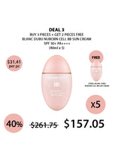 Promotional offer for Blanc Dubé Nuborn Cell BB Sun Cream with pricing and quantity details.