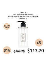 Body lotion bottle with pricing and quantity details on a white background