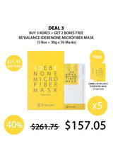 Advertisement for BE'BALANCE IDEBENONE MICROFIBER MASK with pricing and deal information on a white background.