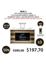 Promotional offer for Groom shampoo set with pricing and product details on a white background