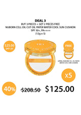 Promotional offer for Nuborn Cell Oil Cut Paper Water Cool Sun Cushion with packaging and pricing details.