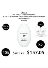 Promotional graphic for Blanc Dubu Nuborn Cell Cooling & Calming Sun Cream with pricing and deal details.