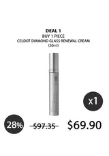 A silver cylindrical cosmetic tube centered on a white background with promotional text reading 'DEAL 1 BUY 1 PIECE CELDOT DIAMOND GLASS RENEWAL CREAM (30ml)' and pricing/coupon graphics.