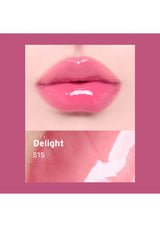 Close-up of pink lips with a color swatch labeled 'Delight 515' on a pink background