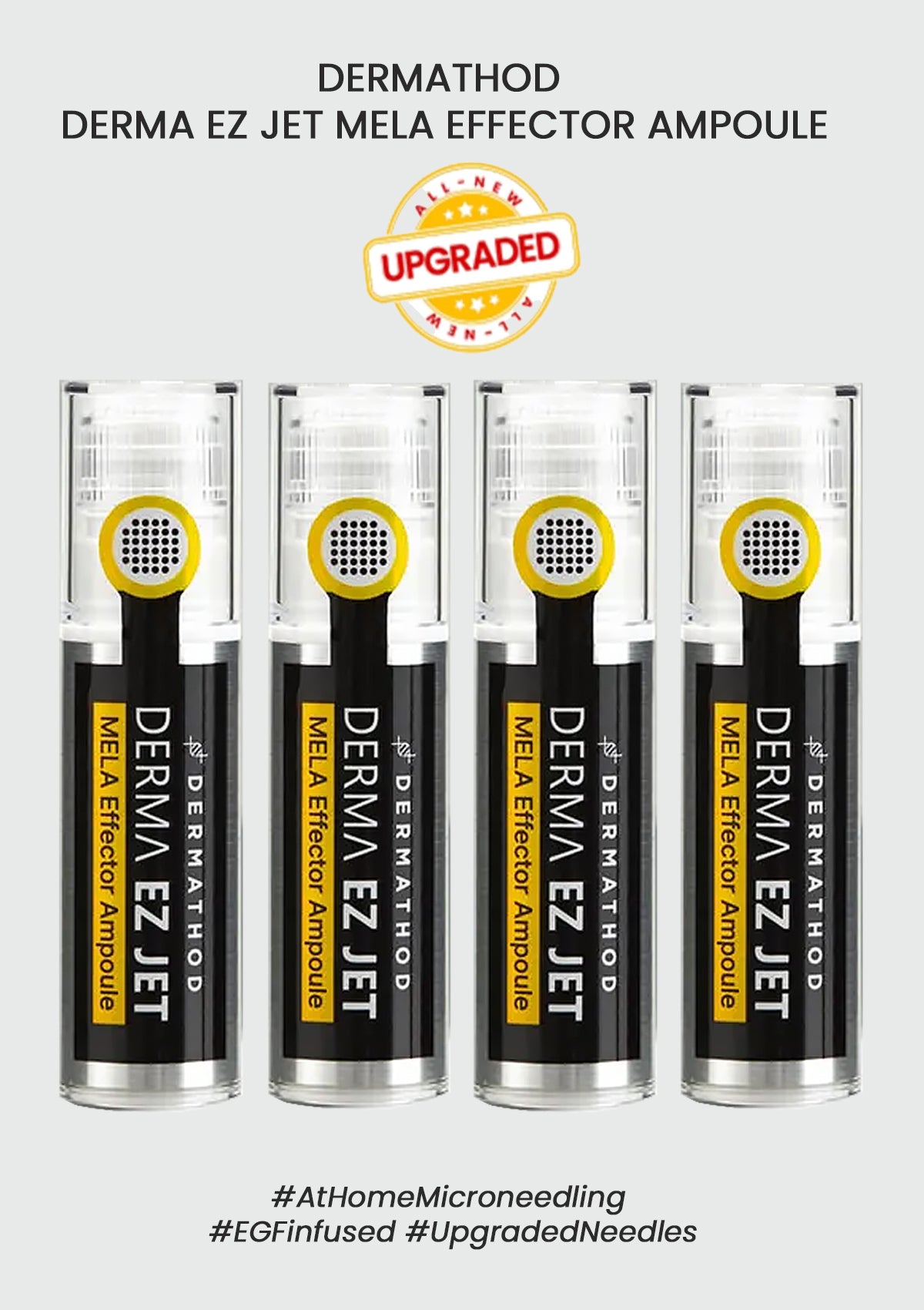 A box of Dermathod Derma EZ Jet Mela Effector Ampoule, with each ampoule labeled with the brand name and the words 'Melanin Effector'. The packaging is predominantly white with black and yellow accents.