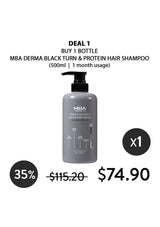 MBA Derma Black Turn & Protein Hair Shampoo bottle with promotional text on a white background