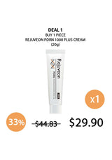 Rejuvenon PDRN 1000 Plus Cream tube with promotional pricing on a white background