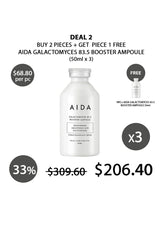 AIDA Galactomyces 83.5 Booster Ampoule advertisement with pricing and deal details on a white background.