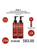 Advertisement for Bartera multi-action shaving foaming oil with promotional deal on a white background.
