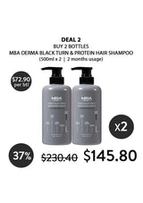 Two bottles of MBA Derma Black Turn & Protein Hair Shampoo with promotional text on a white background.