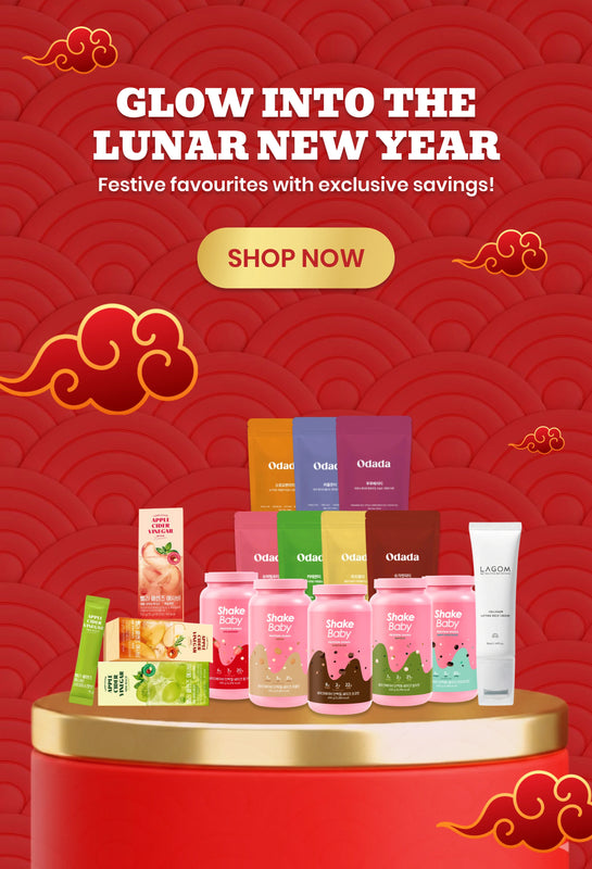 Promotional image for a lunar new year sale with skincare products on a red background.