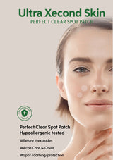 Advertisement for Ultra Xecond Skin perfect clear spot patch with a woman's face showing the product.