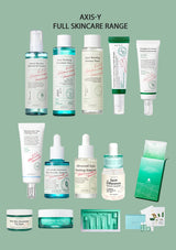 Axis-Y full skincare range on a green background