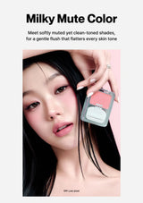 Woman applying blush with a compact mirror, text about Milky Mute Color makeup.