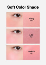 Eye makeup swatches labeled 'Tinting 222', 'O.D.D 732', and 'Low Pixel 591' on a white background.