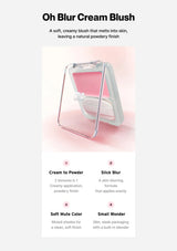 Oh Blur Cream Blush with product details on a light pink background