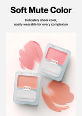 Two blush compactes with pink blush on a white background, labeled 'Soft Mute Color'.