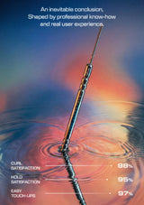 A curling iron shown vertically in a stylized close-up with a reflective metal finish, set against a colorful gradient background with water ripples and text highlighting high customer satisfaction.