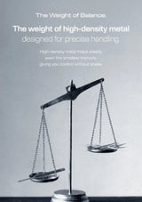A black and white promotional graphic featuring a metal balance scale on a light gray background with white text describing high-density metal for precise handling.