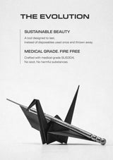 A black and white promotional graphic for a medical-grade fire-free beauty tool. The top text reads 'THE EVOLUTION' with bullet points describing 'SUSTAINABLE BEAUTY' and 'MEDICAL GRADE.