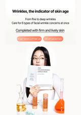 Woman reading a magazine with skincare products around her on a white background