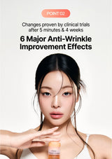 Woman applying cream with text about anti-wrinkle effects on a white background