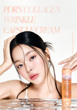 Woman with smooth skin holding a bottle of PDRN Collagen Wrinkle Capsule Cream.