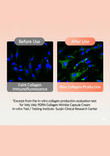Before and after use comparison of collagen immunofluorescence with new collagen production on a pink background.