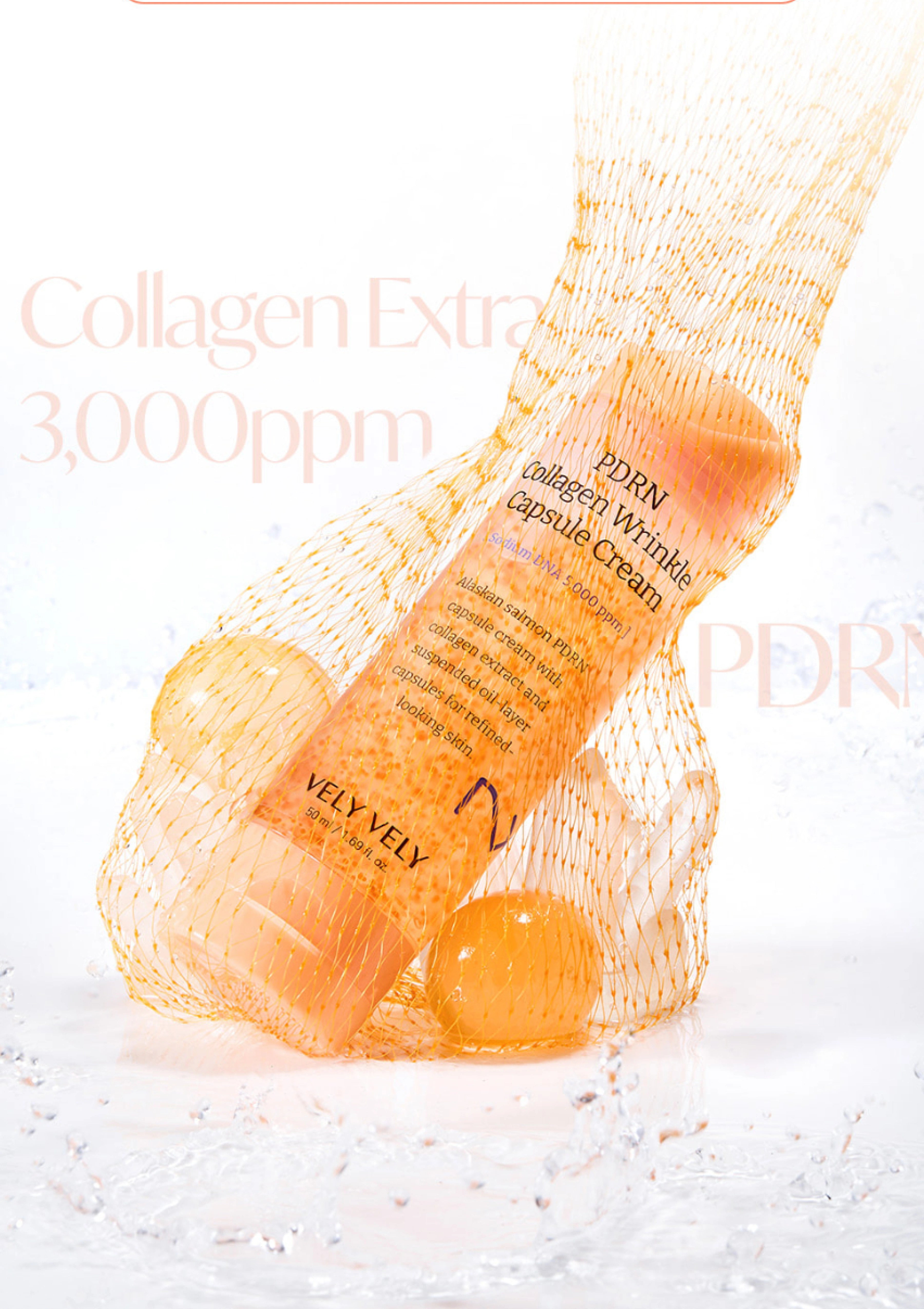 Vely Vely collagen cream bottle with text on a white background