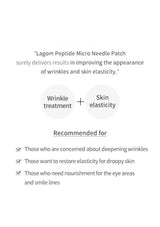 Advertisement for Lagom Peptide Micro Needle Patch with text about wrinkle treatment and skin elasticity improvement.