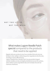 Close-up of a person's eye with text about Lagom Needle Patch