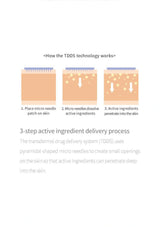 Diagram explaining the TDDS technology for active ingredient delivery with labeled steps.