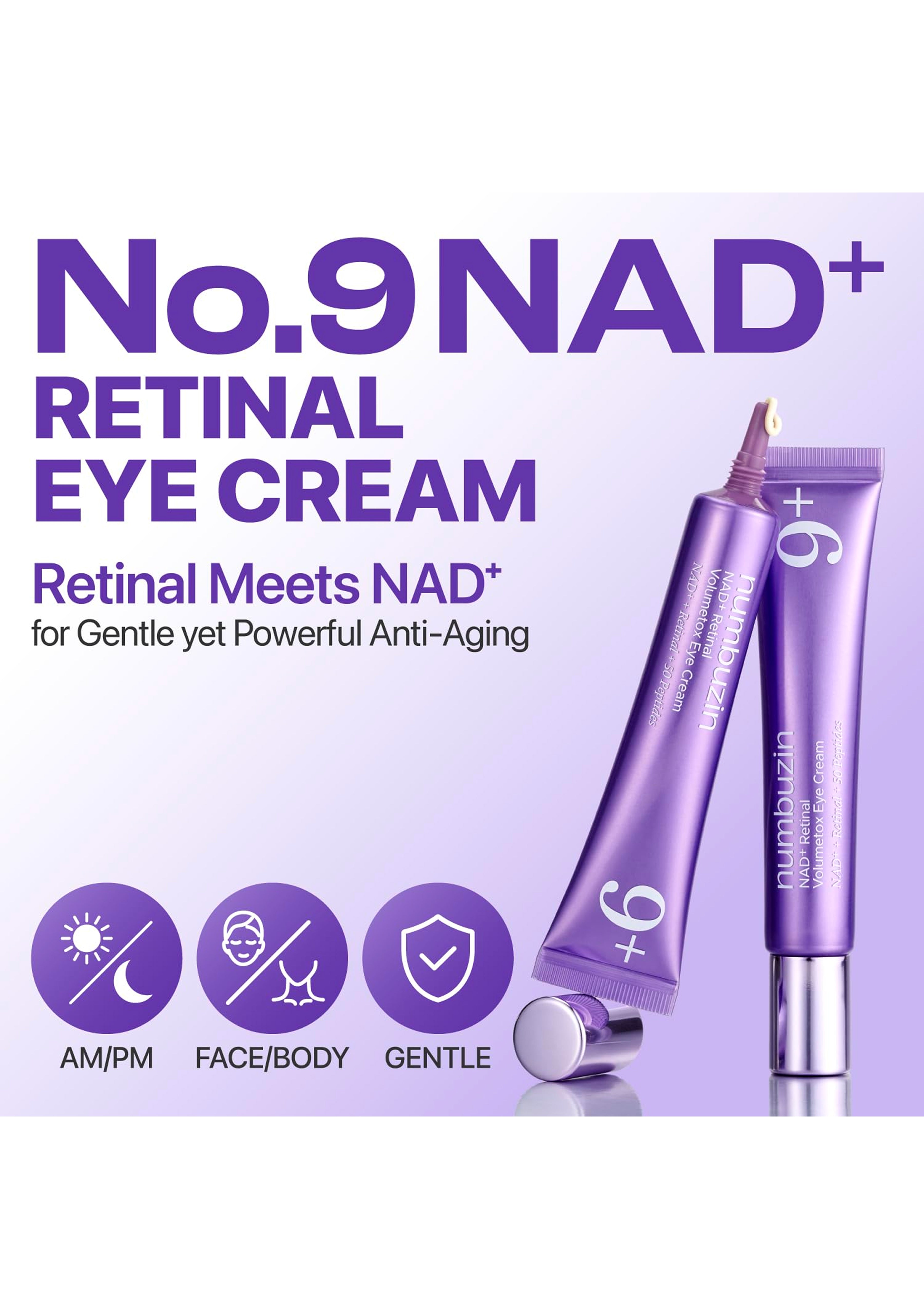 Advertisement for No.9 NAD+ Retinal Eye Cream with product packaging on a light purple background.