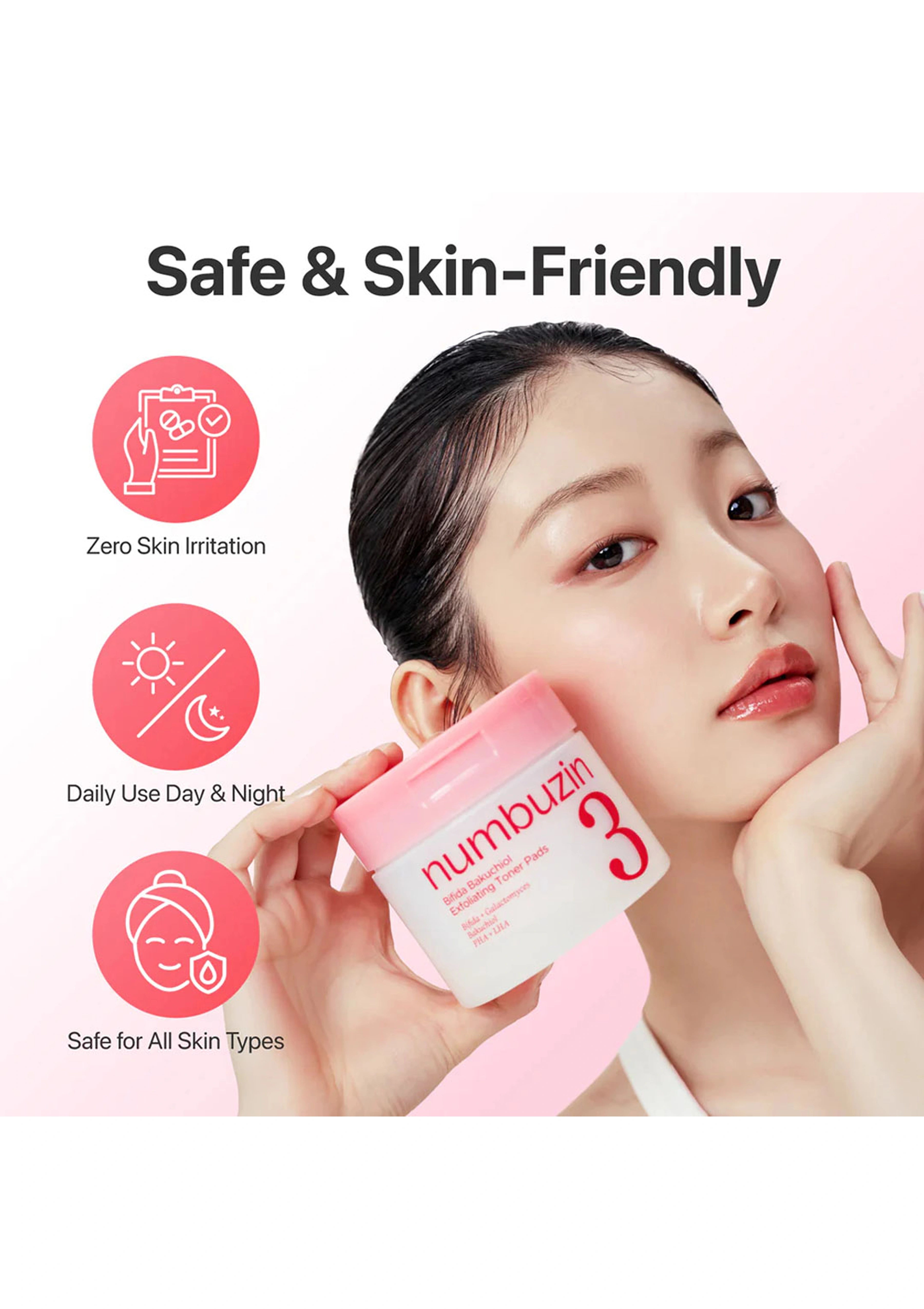 Woman holding a pink jar of numbuzin cream with icons indicating safety and skin-friendliness on a pink background.