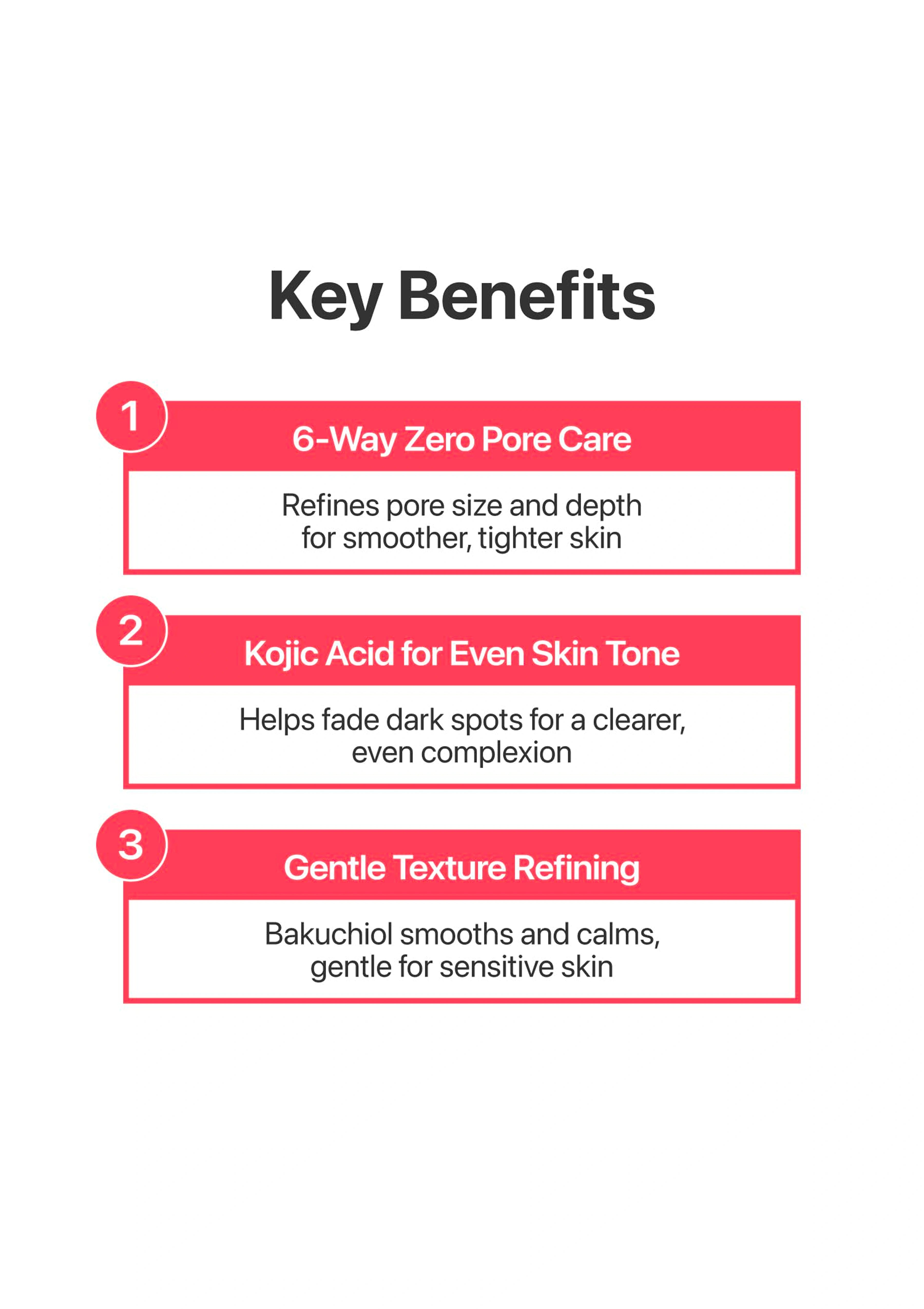 Key benefits of a skincare product on a white background