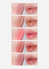 Collage of different shades of pink lip gloss on lips with labels.